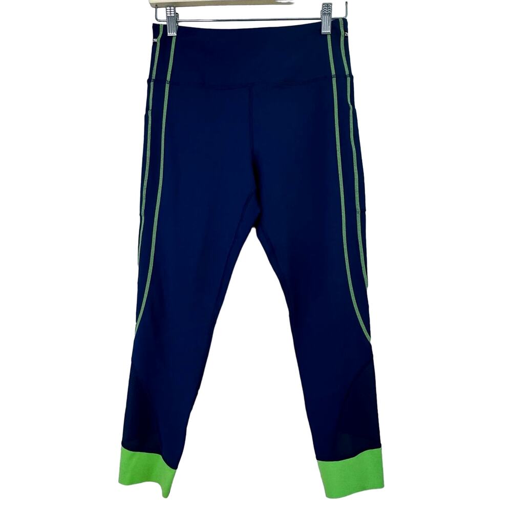 Zyia Active Womns Crop Leggings Blue Green Mesh Panels Side Pockets Size 8-10 L